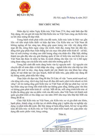 Bộ trưởng Bộ Xây dựng gửi thư chúc mừng nhân ngày Kiến trúc Việt Nam